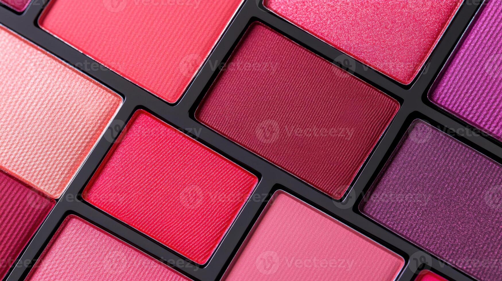 Close-up of a rich red and burgundy eyeshadow palette showcasing metallic and matte finishes for glamorous beauty looks photo
