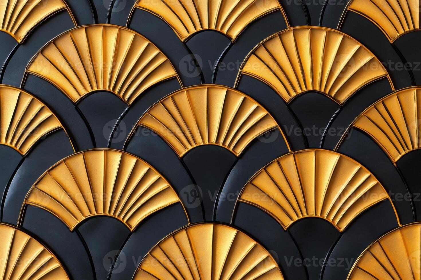 Elegant black and gold art deco geometric pattern featuring symmetrical lines with fan shapes ideal for luxurious invitations and minimalist designs photo