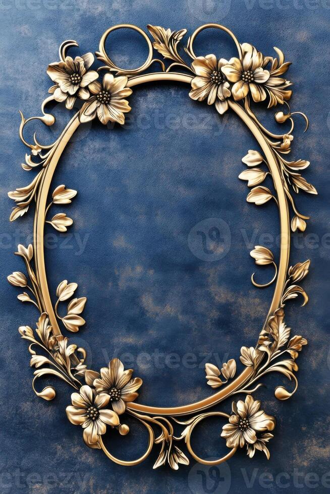 Ornate golden picture frame with intricate floral details on a textured dark blue and black background creates a vintage aesthetic setting photo