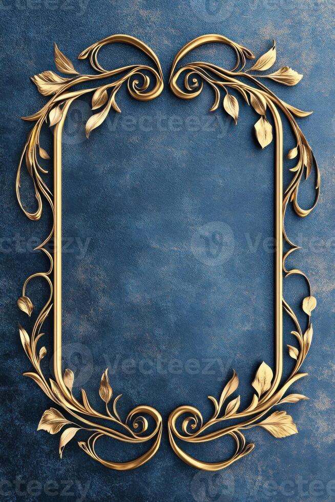 Ornate golden picture frame with intricate floral design set against a deep blue textured background for vintage elegance photo