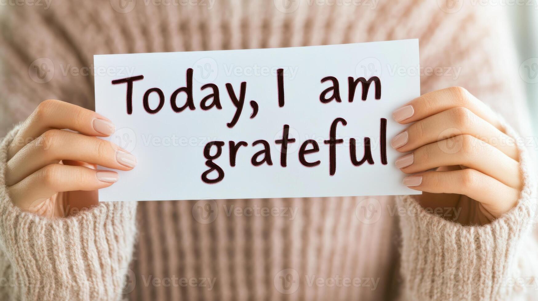 Woman expresses gratitude with a handwritten note in a warm, softly lit environment focusing on personal growth and happiness photo