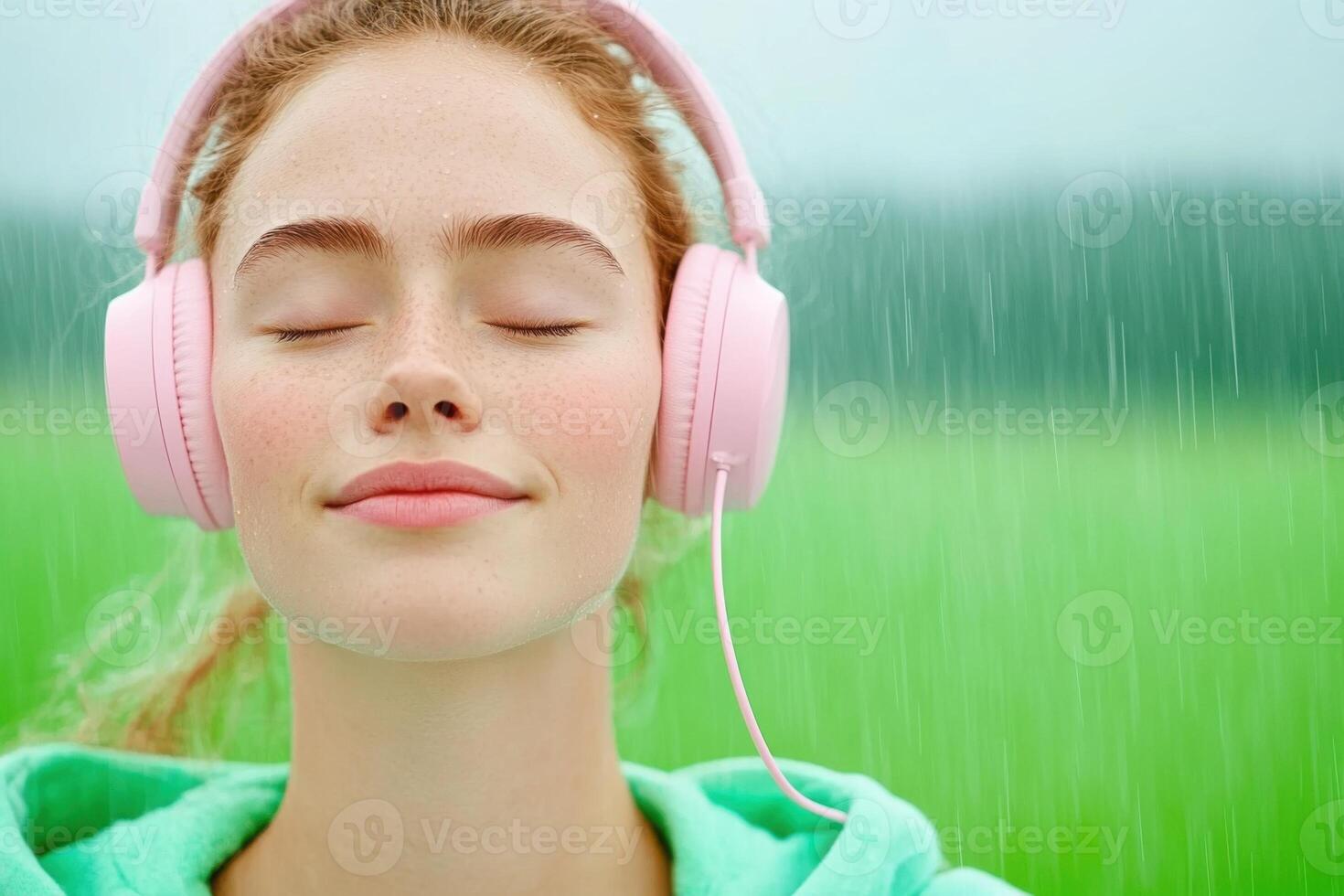 Relaxation techniques for self-care with the soothing sound of rain and peaceful expression while listening with headphones photo