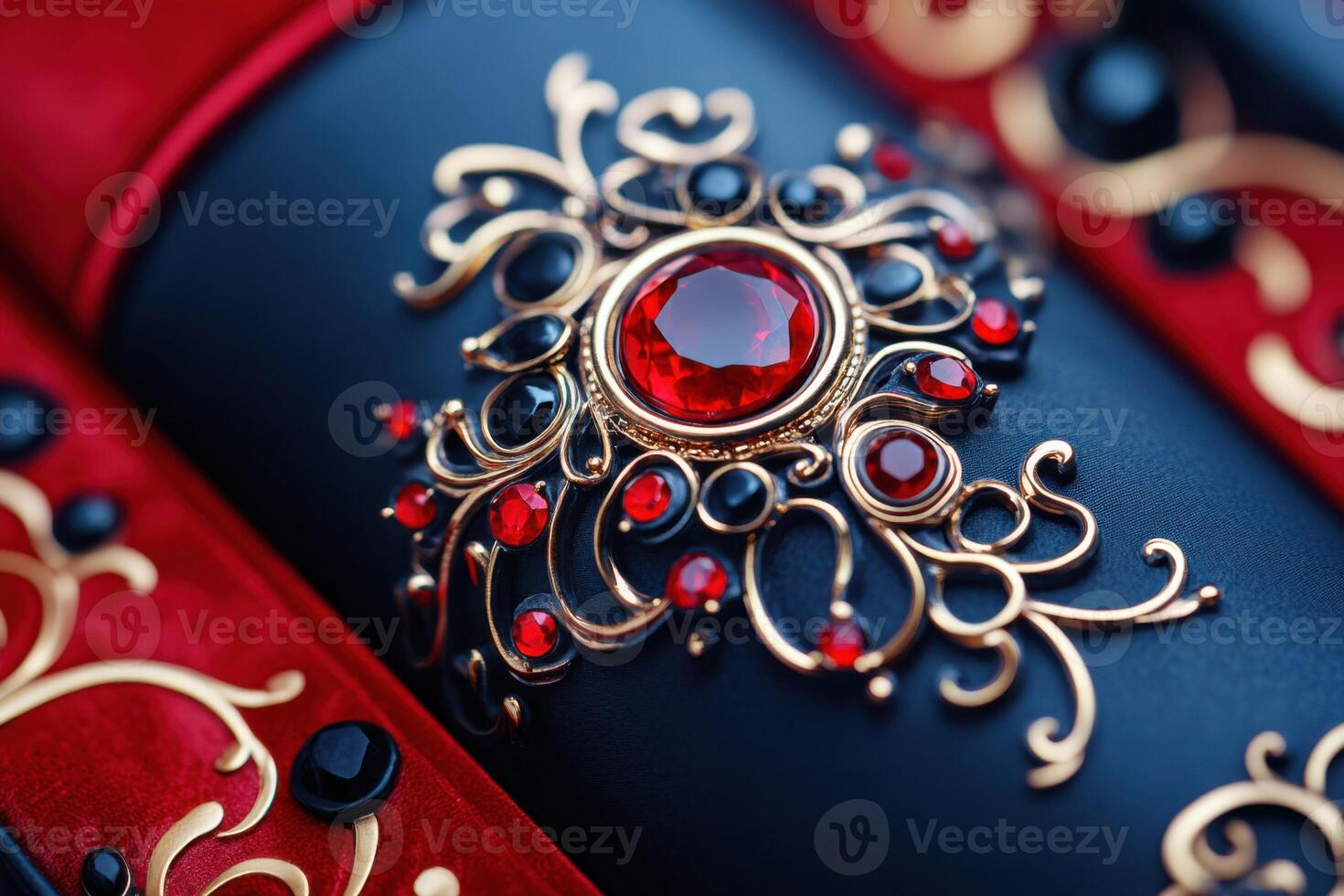 Luxurious gothic-style jewelry box with deep red velvet and intricate gold filigree details for a mysterious allure photo