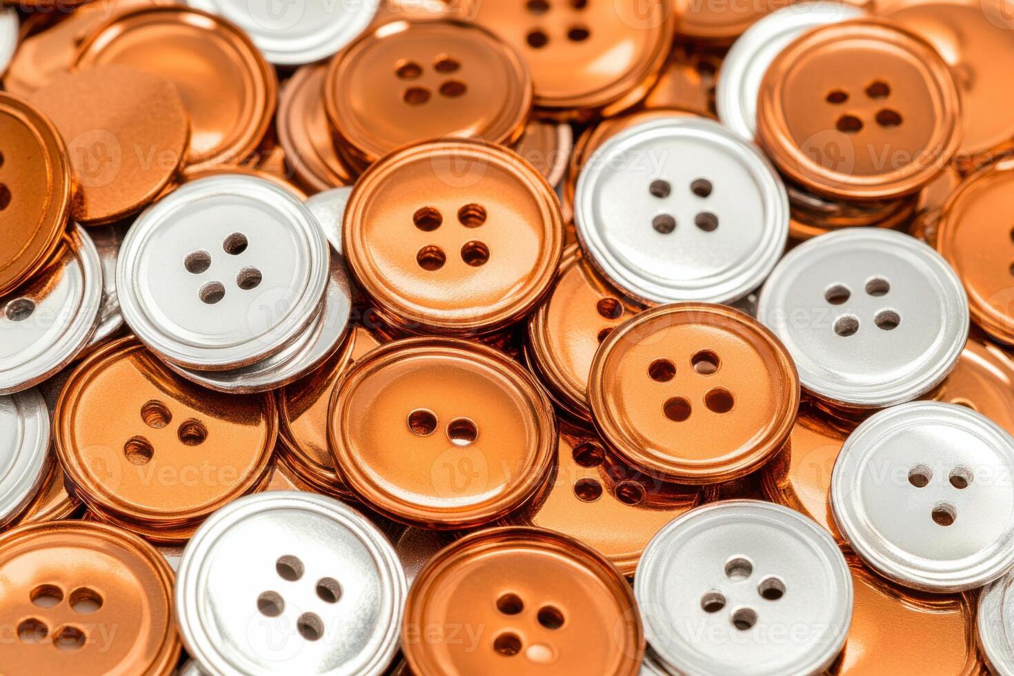 Close-up view of shiny metallic orange and silver buttons showcasing intricate textures and warm lighting effects photo