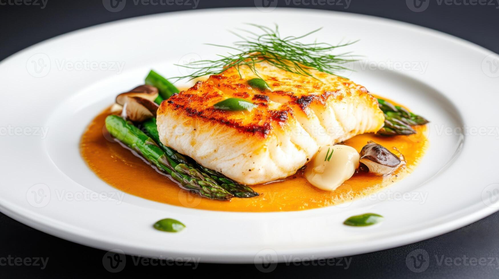 Elegant seafood dish with delicate plating featuring grilled fish, asparagus, and mushrooms on a gourmet plate against a dark background photo