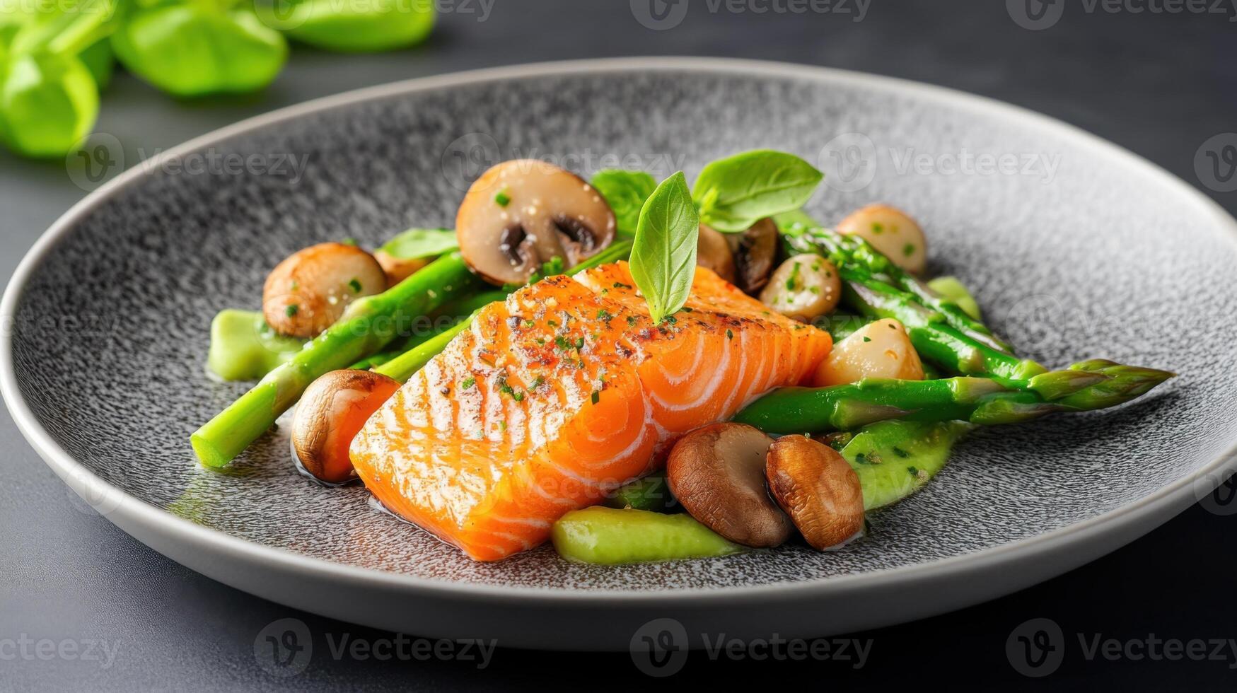 Delicate seafood dish featuring salmon, asparagus, and mushrooms arranged with gourmet flair on a dark background photo