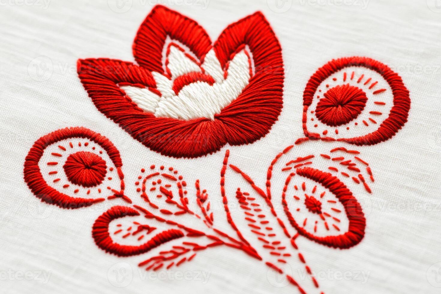 Traditional red embroidery on white linen featuring intricate floral and geometric patterns showcasing folk art craftsmanship in a cultural heritage context photo