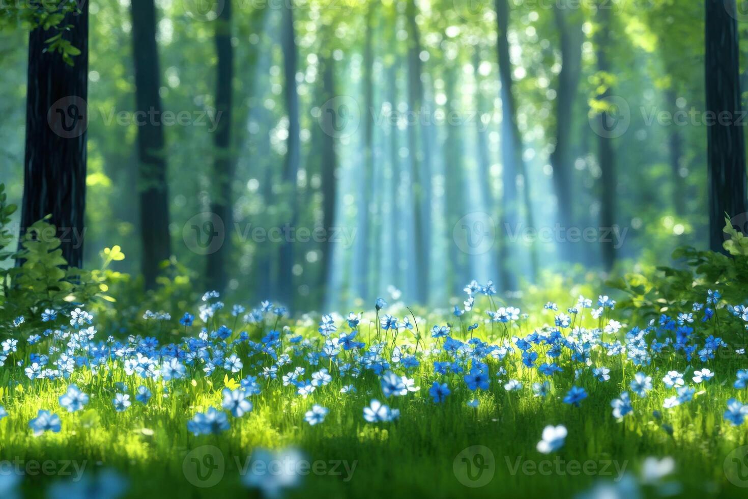 Enchanted spring forest with a vibrant carpet of blooming wildflowers under soft sunlight photo