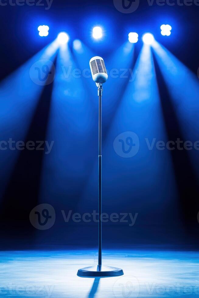 Minimalist conference stage designed for impactful presentations with soft blue lighting and a focused atmosphere photo