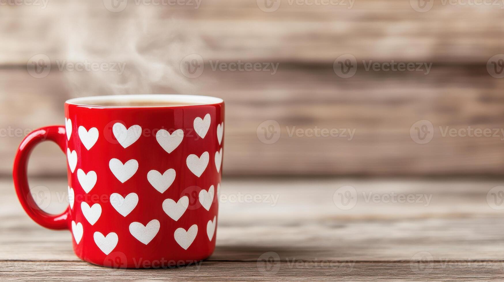 Cozy red mug with white heart patterns sits on rustic wooden surface, steam rising from a warm drink in a welcoming atmosphere photo
