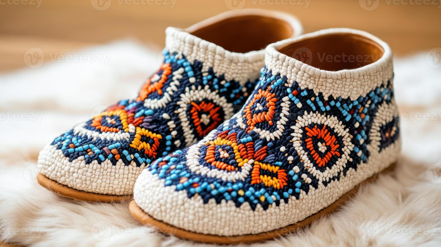 Handcrafted traditional Indigenous moccasins featuring intricate beadwork in warm earthy tones and soft natural lighting photo