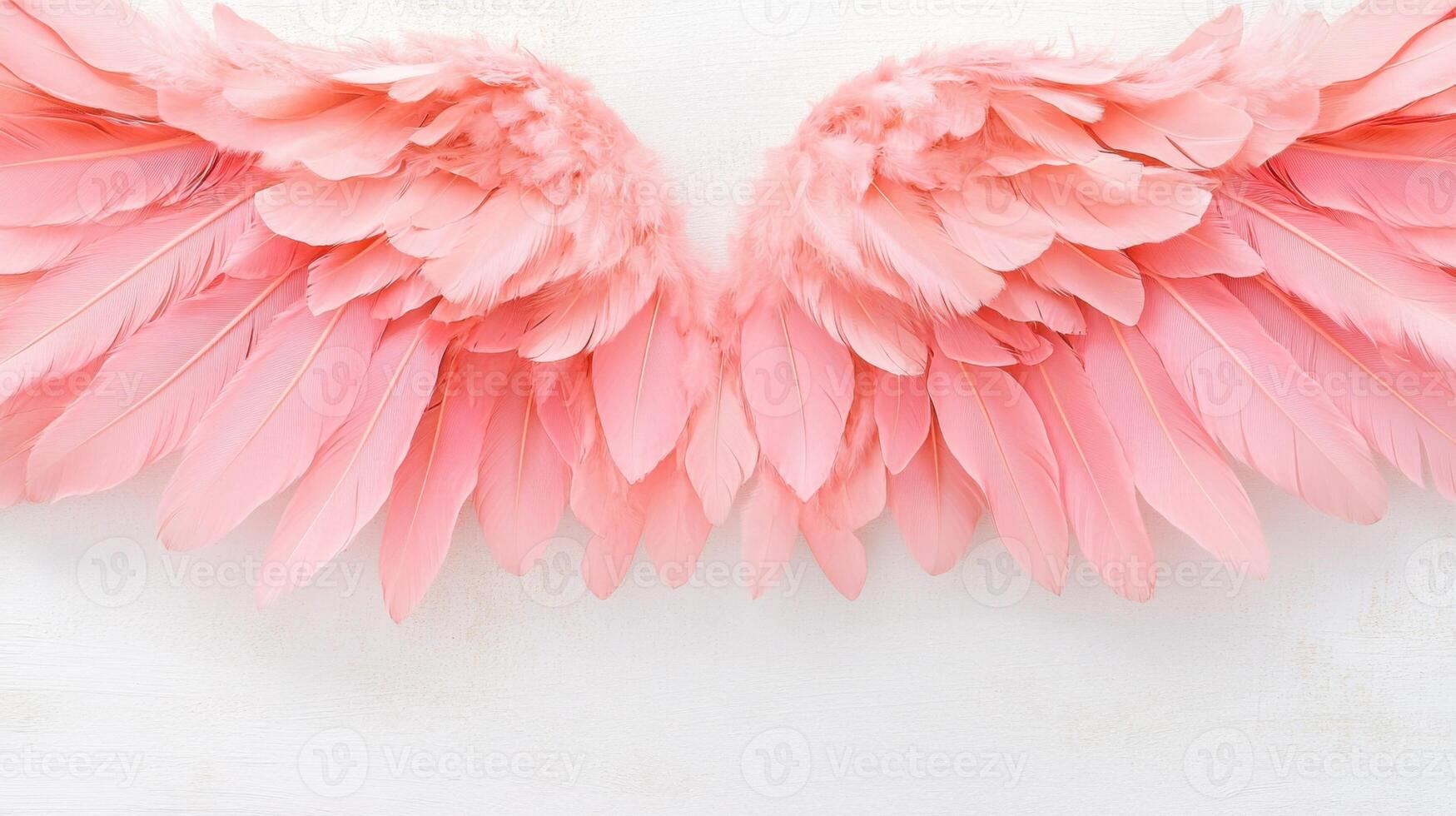 Soft pale pink angel wings made of delicate feathers hanging against a textured vintage wall in a dreamy atmosphere photo