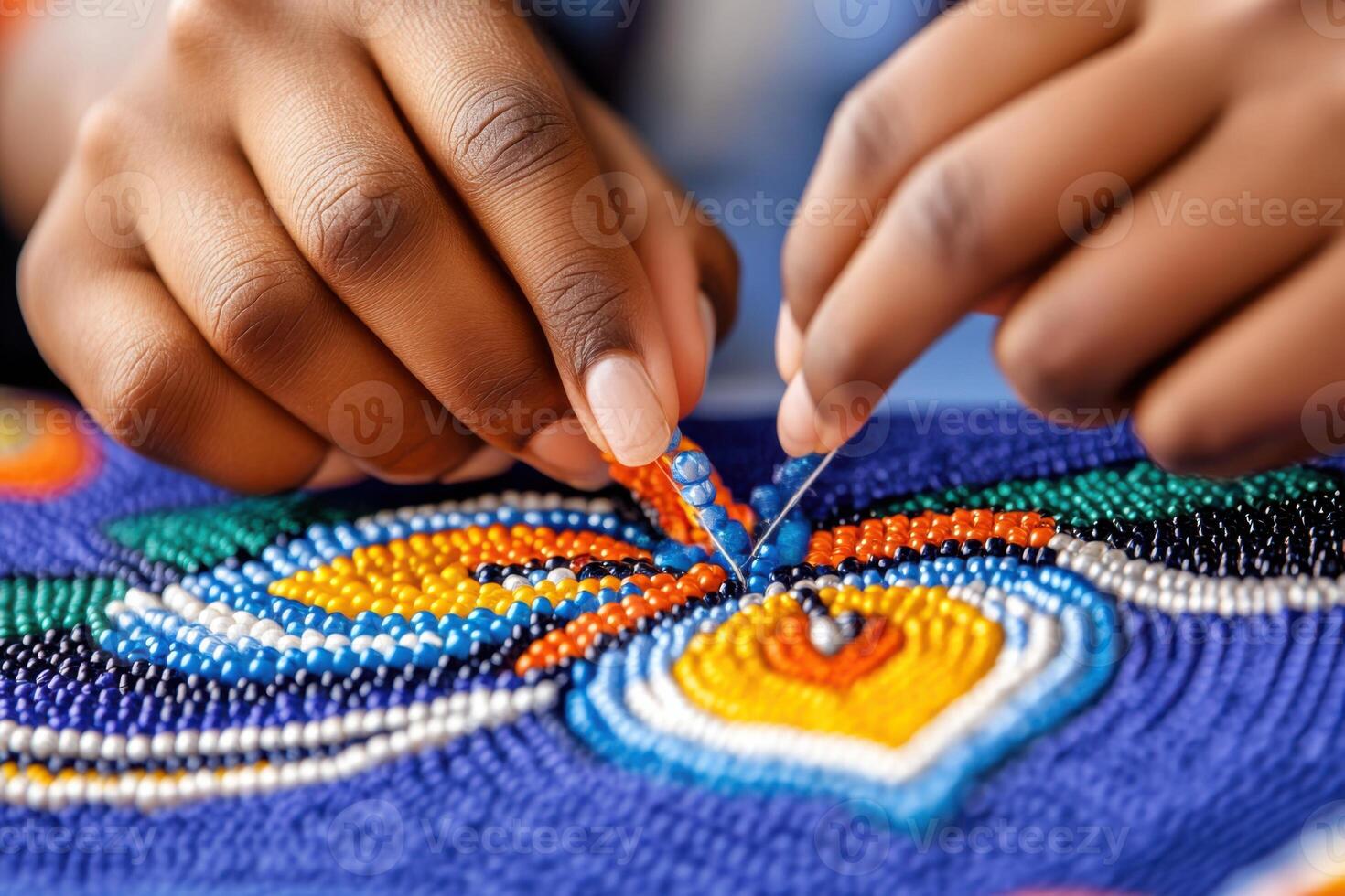 Indigenous artisan weaves intricate beadwork showcasing vibrant colors and deep cultural heritage in a traditional craft setting photo
