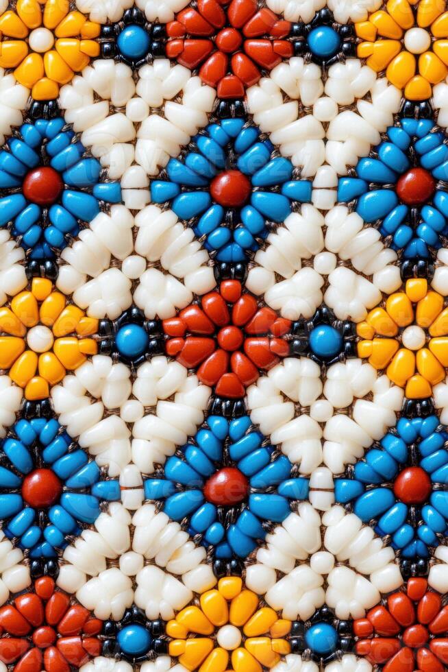 Intricate Indigenous beadwork showcasing vibrant craftsmanship with geometric patterns in red, blue, and yellow tones photo