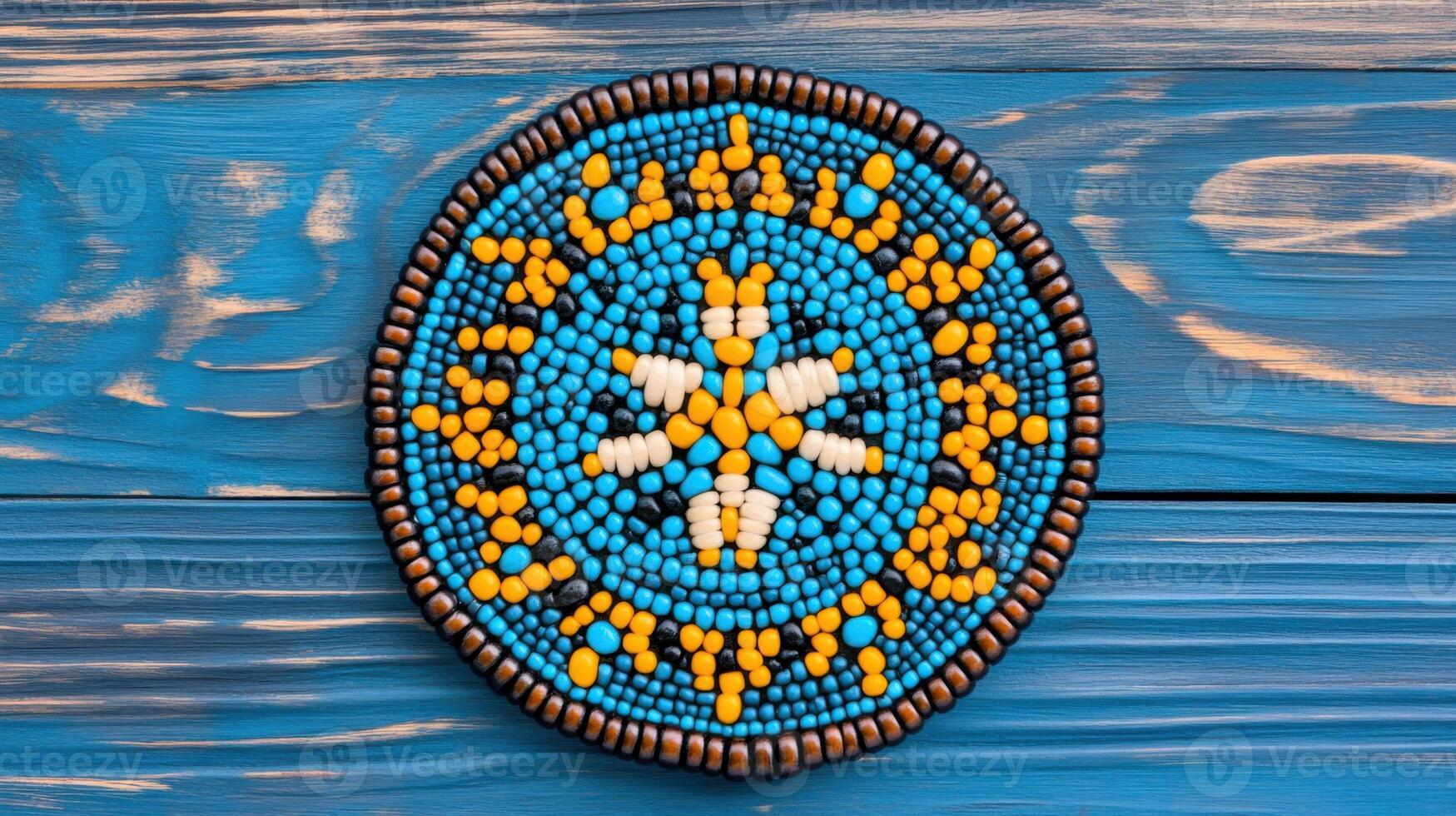 Indigenous beaded medallion showcasing intricate craftsmanship and vibrant colors symbolizing deep spiritual significance photo