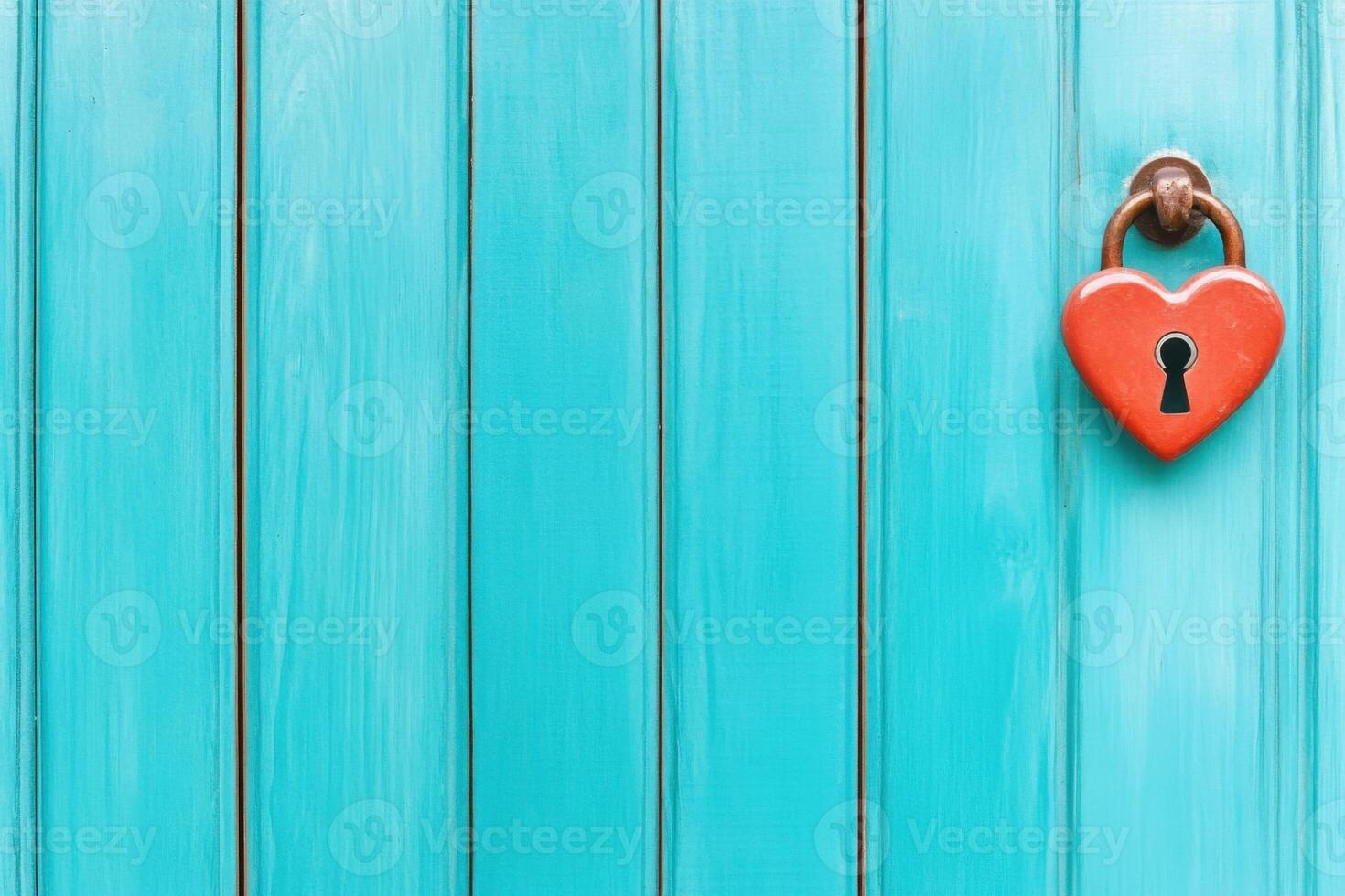 Textured teal door featuring a weathered red heart-shaped lock, evoking rustic charm and vintage allure under moody lighting photo