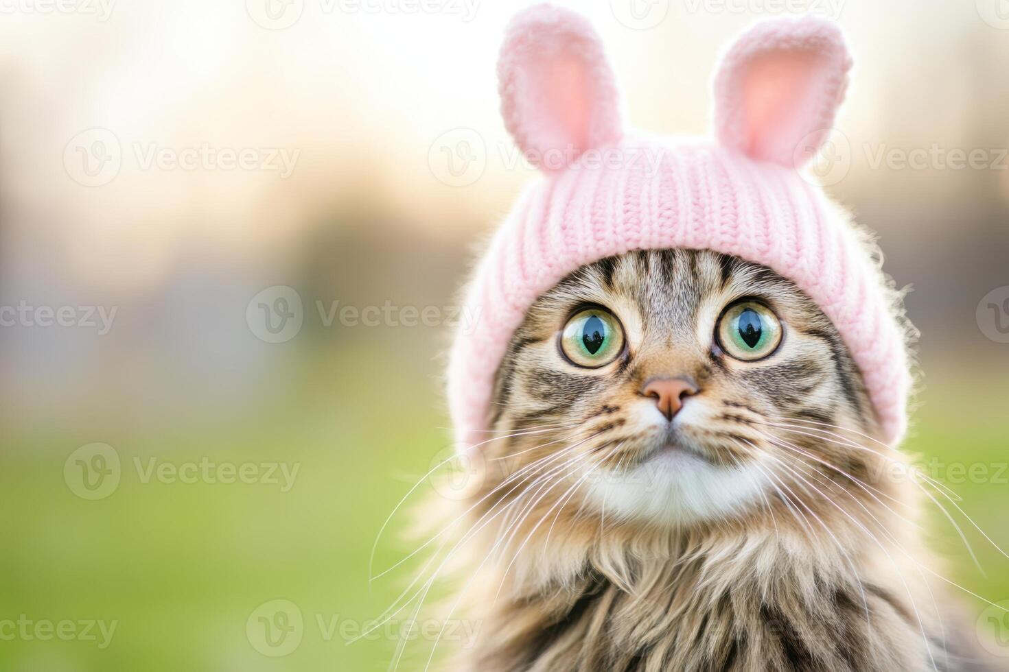 Curious tabby cat wearing a bunny hat enjoys sunlit spring day on a rustic wooden table in a meadow photo