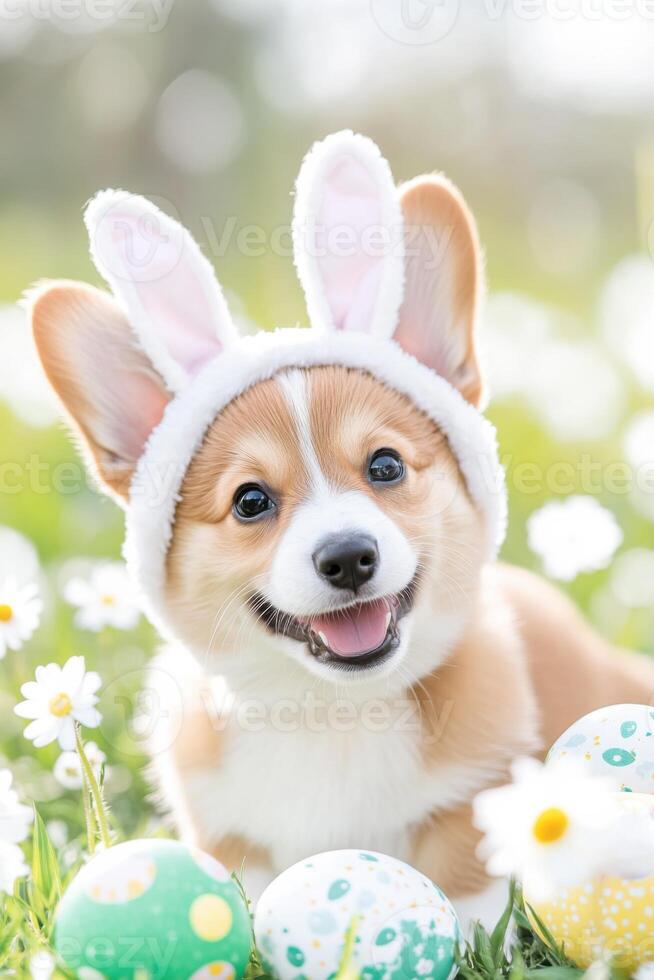 Happy corgi puppy in festive bunny hood enjoying a sunny day in a field of blooming daisies surrounded by colorful Easter decorations photo