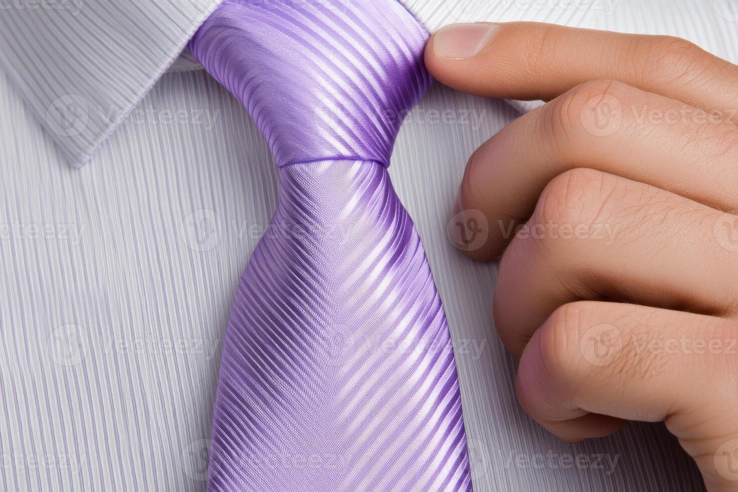 Close-up of a mans hand expertly adjusting a lilac tie against a crisp white dress shirt illuminated by soft lighting for an elegant look photo