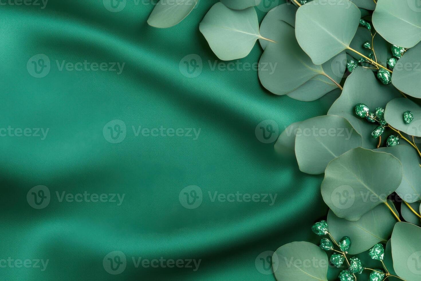 Elegance captured in a rich green flat lay with fresh eucalyptus leaves, jade crystals, and luxurious silk fabric accents photo