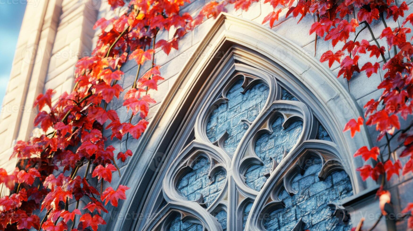 Stunning autumn ivy envelops historic gothic building adorned with vivid red leaves under moody cinematic lighting photo