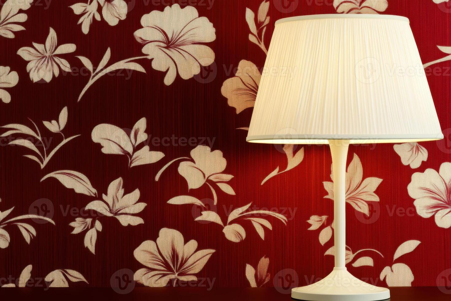 Elegant dusty cedar wallpaper adorned with floral patterns and a vintage table lamp enhances a warm, moody ambiance in a classic interior setting photo