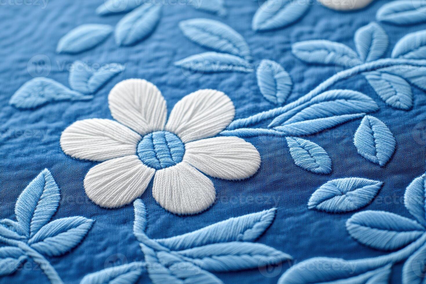 Close-up of a soft woven blue textile featuring delicate embroidered floral patterns in warm cozy lighting for an elegant home aesthetic photo