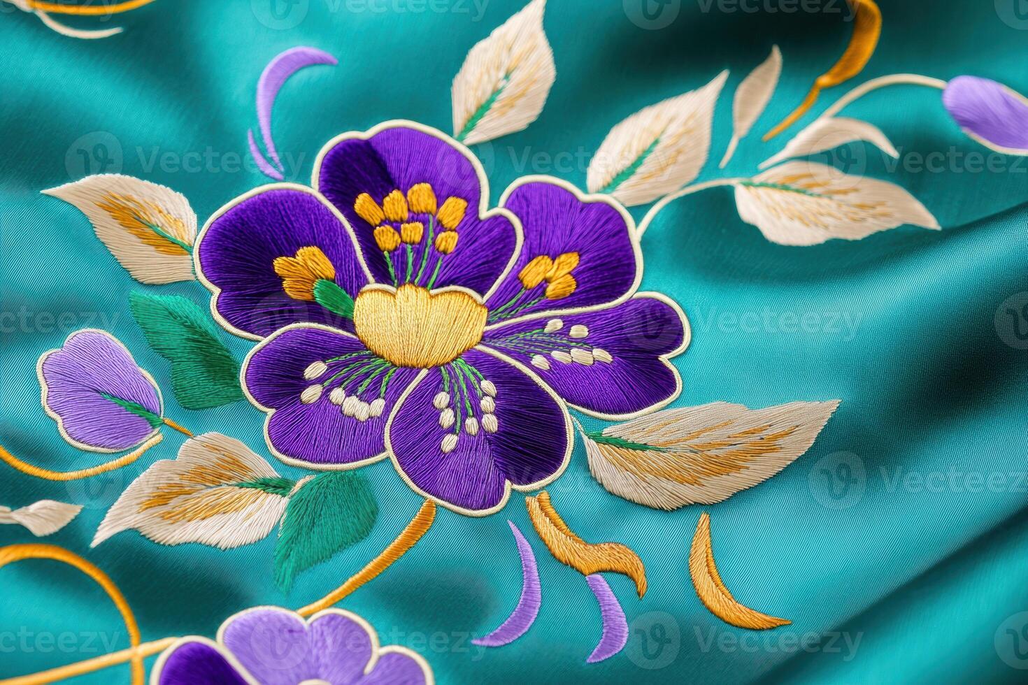 Intricate silk embroidery in emerald green and violet showcasing floral motifs with a vintage royal textile aesthetic emphasizing elegance and luxury photo