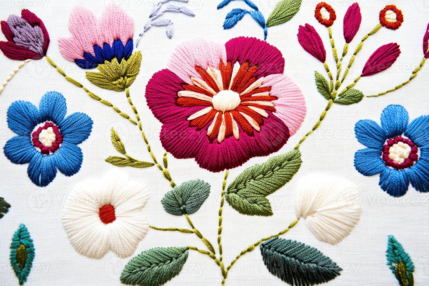 Vintage crewel embroidery featuring intricate floral patterns in rich jewel tones and hand-stitched details on linen fabric photo