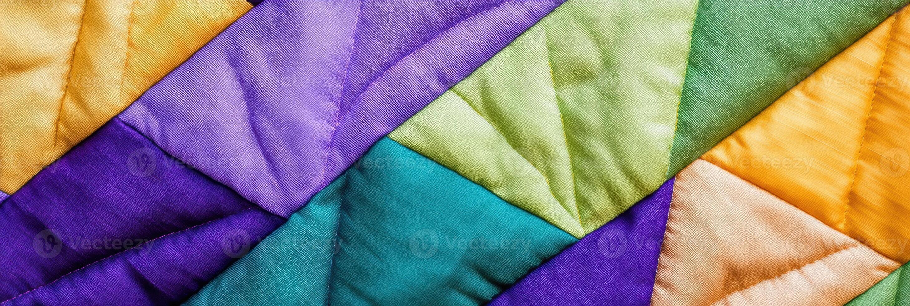 Close-up view of intricate handwoven quilt showcasing geometric patterns in purple, green, and yellow fabric patches with meticulous craftsmanship photo