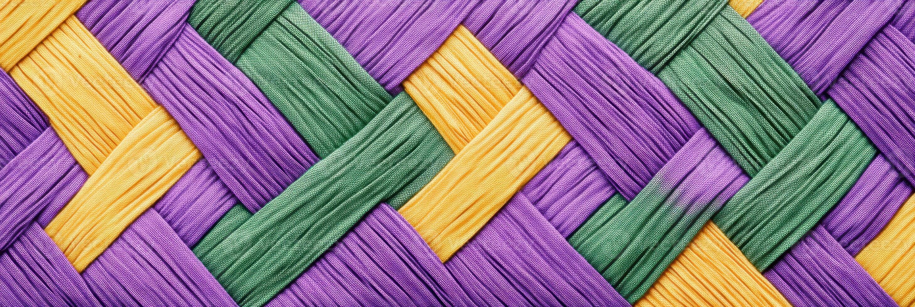 Handwoven quilt showcasing intricate geometric patterns in purple, green, and yellow hues with exceptional craftsmanship photo