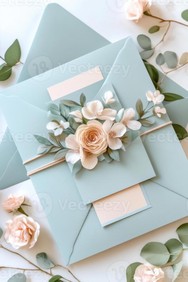 Elegant wedding invitation suite in muted pastels with delicate floral motifs and soft textures perfect for romantic celebrations photo