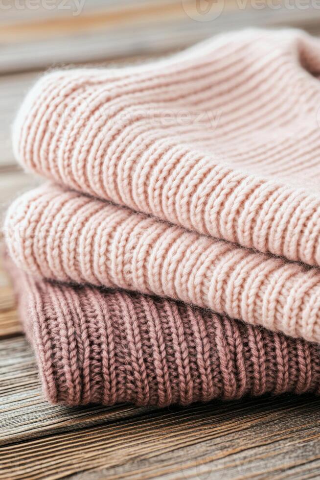 Cozy knit sweater in soft dusty pink and mocha tones, elegantly folded on rustic wooden surface with warm light illuminating soft textures photo