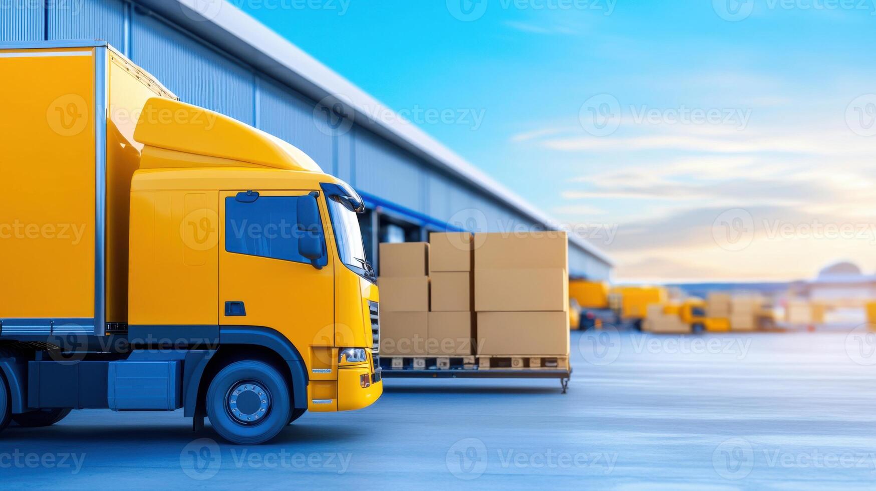 Efficient logistics operation at a large distribution center with trucks loading and unloading cargo during day time photo