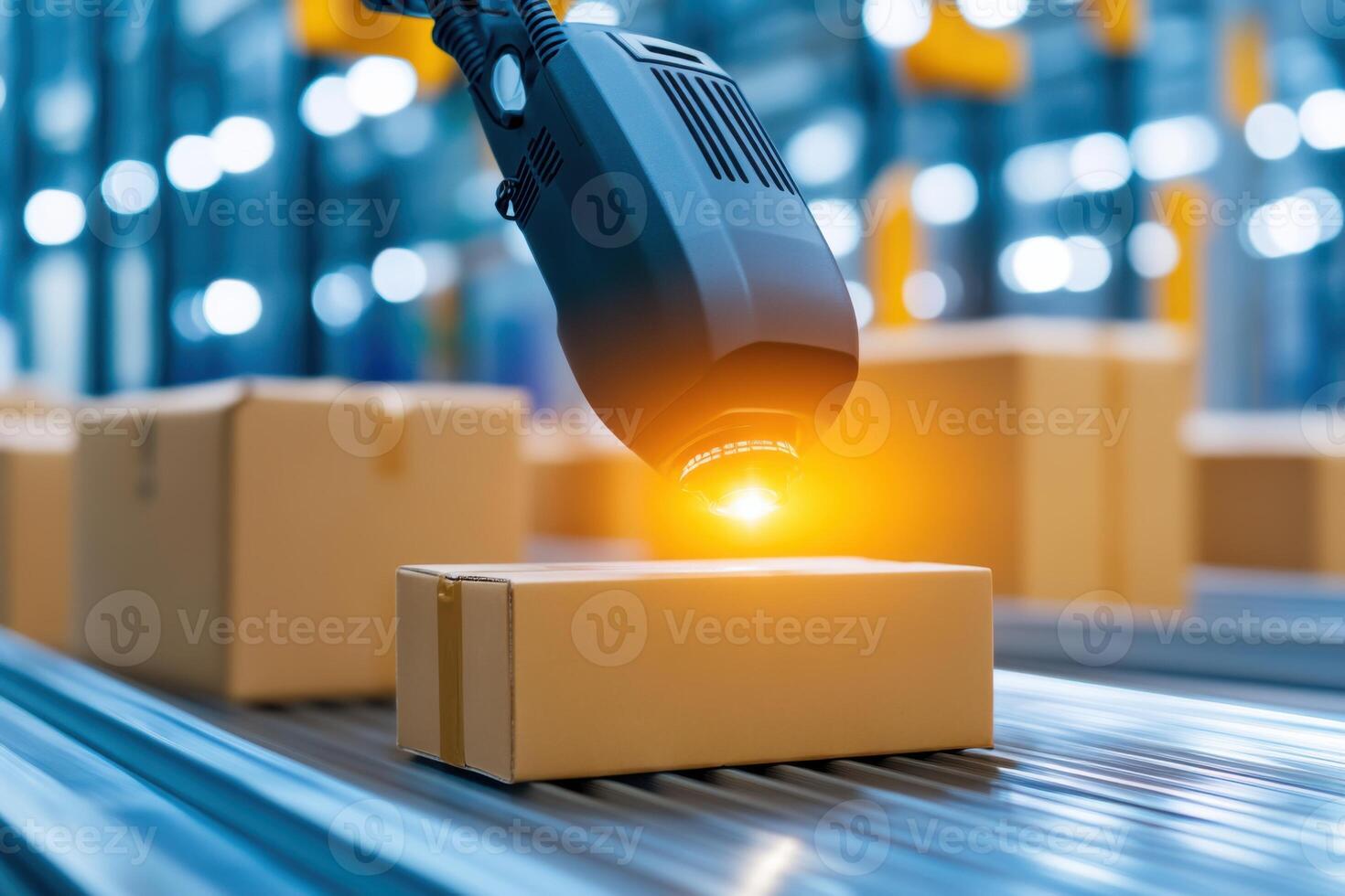 Close-up of a barcode scanner efficiently tracking packages in a high-tech logistics environment photo
