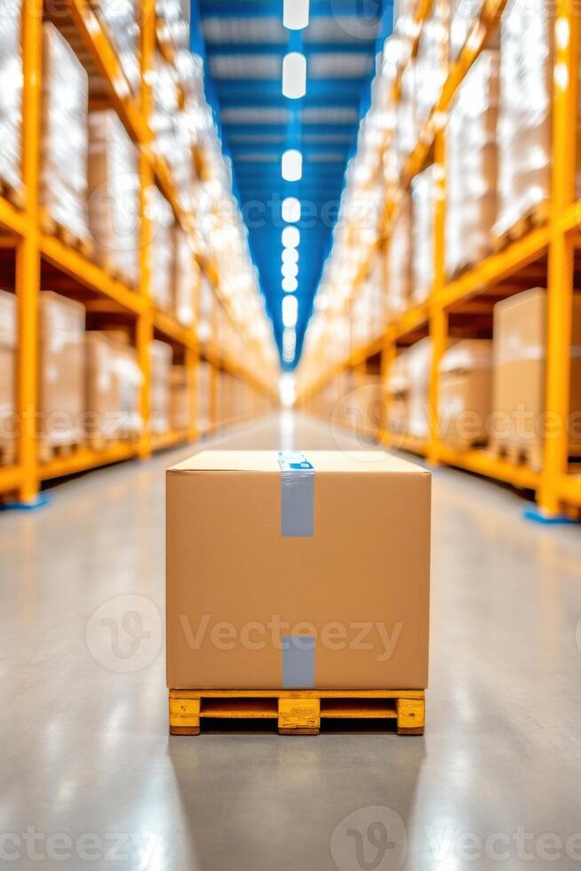 Efficient logistics workflow in a spacious warehouse with a forklift lifting pallets during operational hours photo