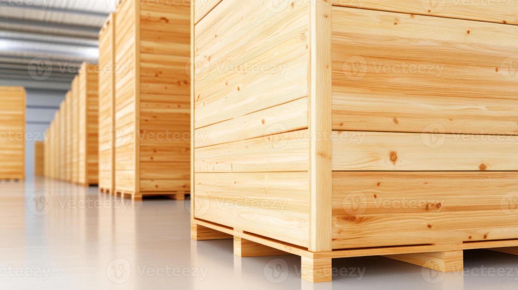 Neatly stacked wooden crates in a minimalist storage facility showcasing warm industrial aesthetics under soft lighting photo