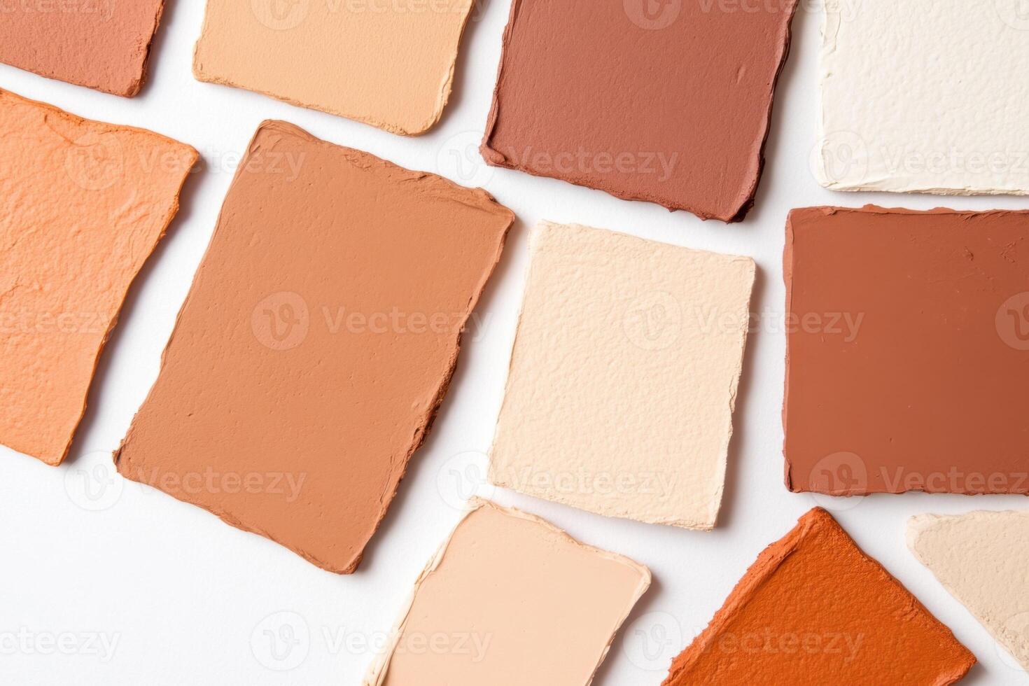 Trending color palettes featuring mocha mousse and warm neutrals with terracotta accents in a flat lay arrangement showcasing luxury materials and soft fabrics photo