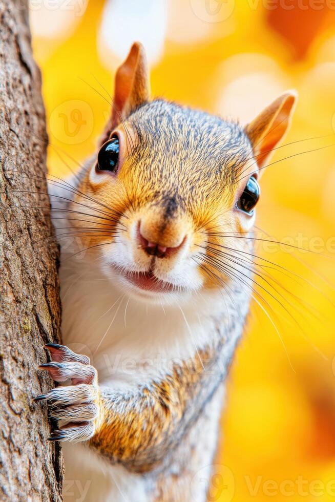 Close-up view of a squirrel climbing a tree in warm autumn light highlighting natural textures and hues photo