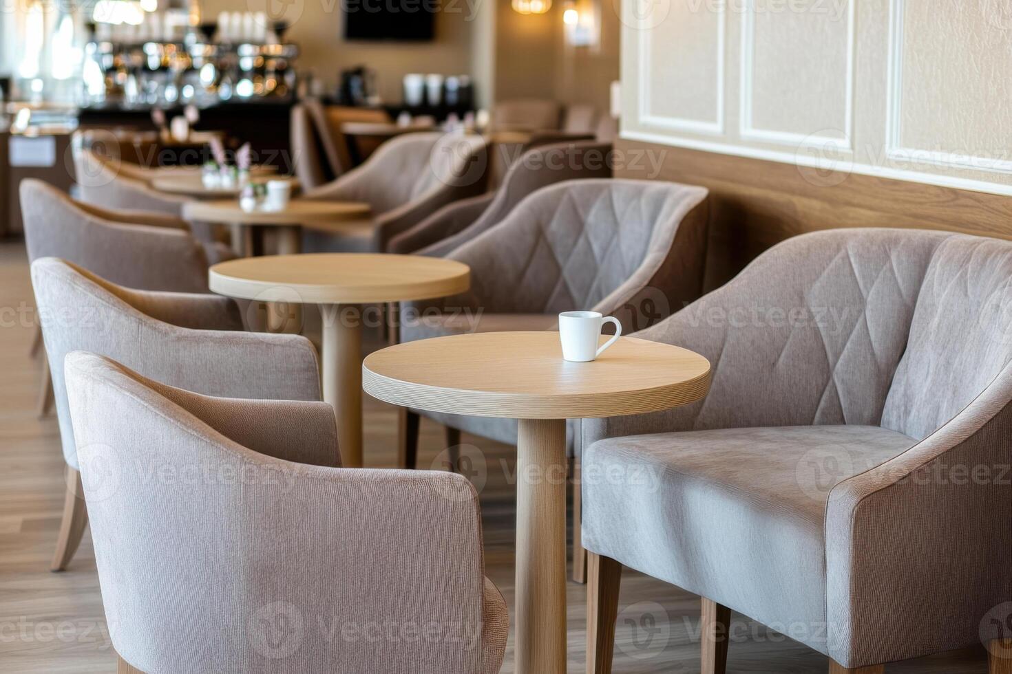 Stylish loft cafe showcases elegant mocha mousse-inspired interior with cozy wooden furniture and warm dim lighting in a sophisticated ambiance photo
