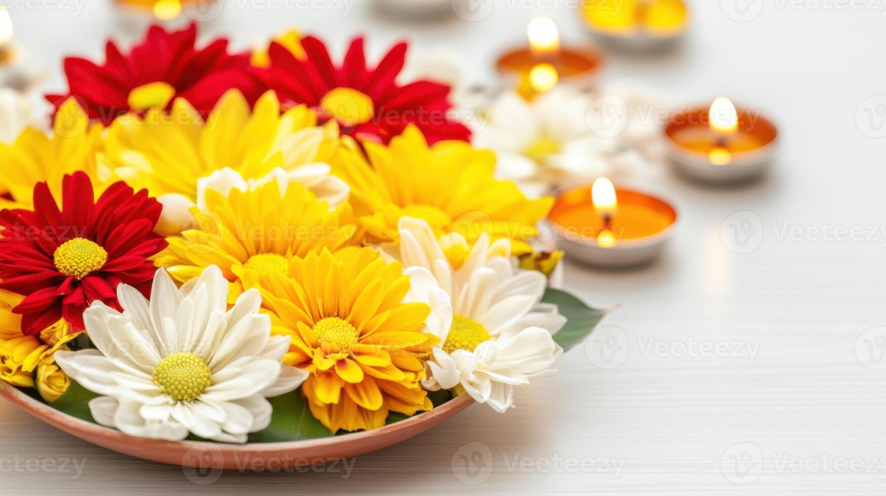 Artistic floral arrangement of Pookalam featuring bright yellow and deep red flowers with traditional oil lamps in a festive and sacred setting photo