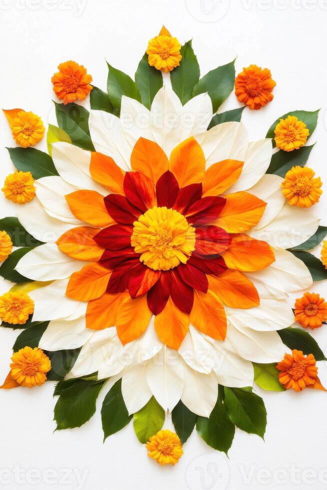 Intricate Pookalam design with marigold, jasmine, and rose petals creating a vibrant floral rangoli for festivals photo