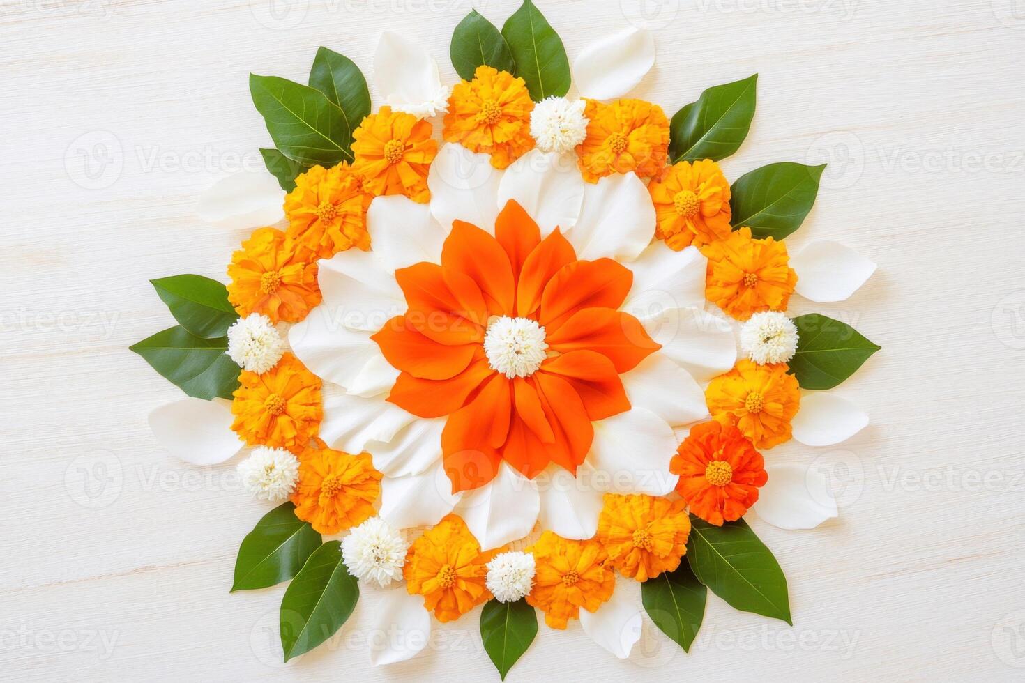 Intricate Pookalam design featuring vibrant marigold, jasmine, and rose petals in rich festival colors illuminated by warm golden lighting photo