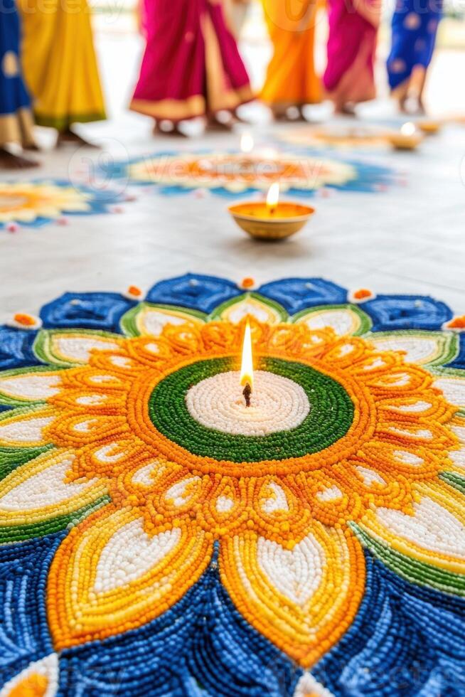 Joyful Onam celebration featuring vibrant Pookalam with traditional Kerala women in Kasavu sarees lighting Nilavilakku photo