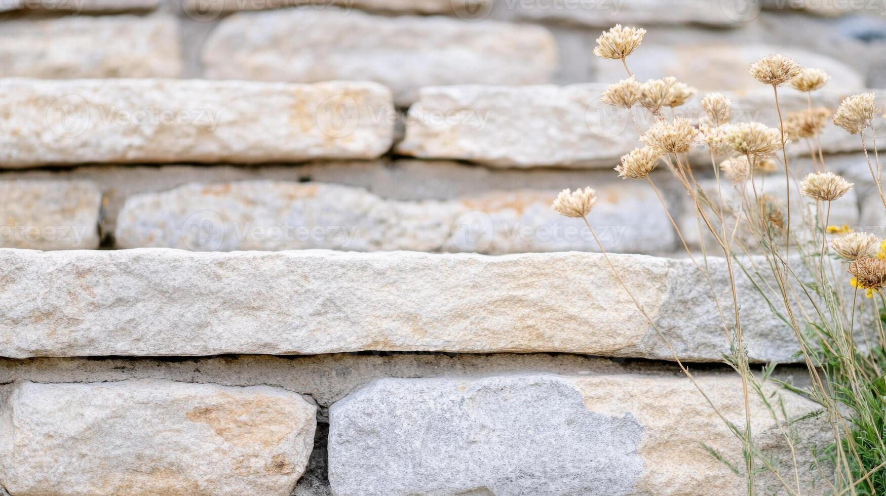 Rustic stone steps adorned with dried flowers showcase vintage countryside charm in soft natural tones photo