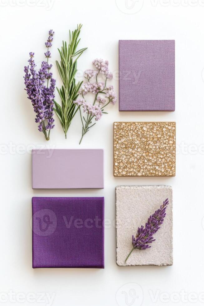 Modern mood board showcasing a blend of matte and glossy textures with floral details and a soft color palette photo