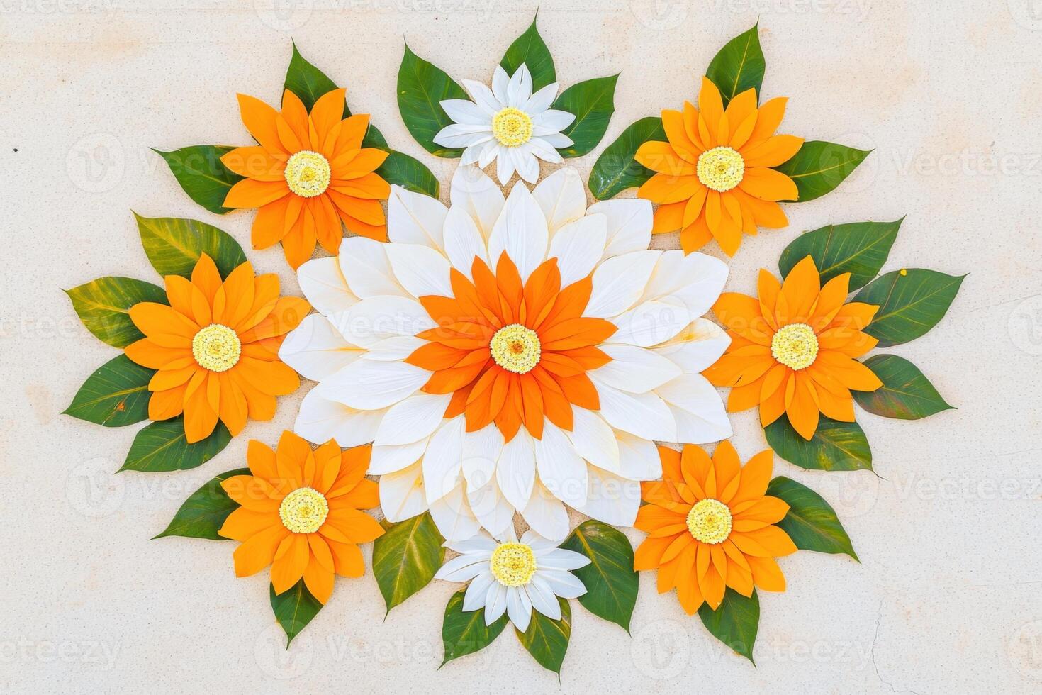 Intricate Pookalam design showcased in a temple courtyard during the vibrant Onam celebration with festive floral patterns and a serene atmosphere photo