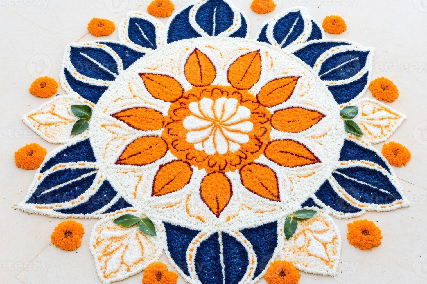 Intricate Pookalam design showcases vibrant marigold, jasmine, and rose petals arranged in a symmetrical floral rangoli under warm golden lighting during the festive season photo