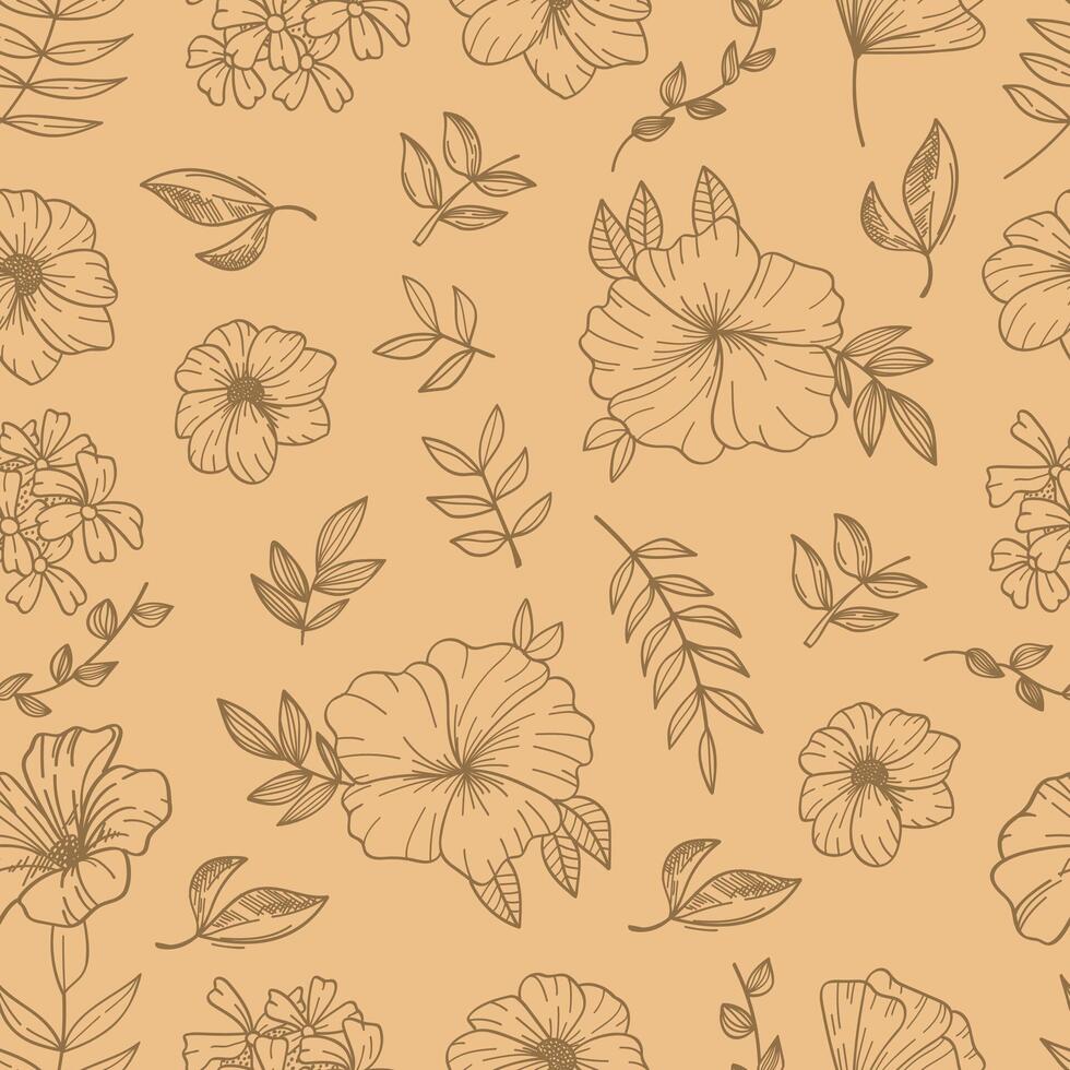 Seamless pattern botanical hand drawn line art on brown background. illustration vector