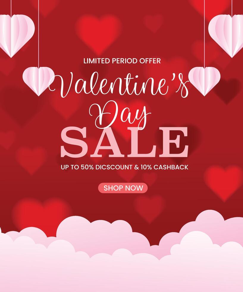 Valentine's day sale banner with paper cut love and clouds isolated on red background vector